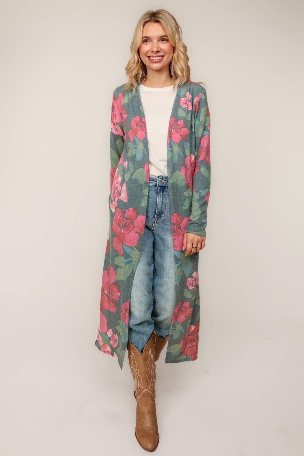 Floral Open Duster Cardigan W/ Side Slits