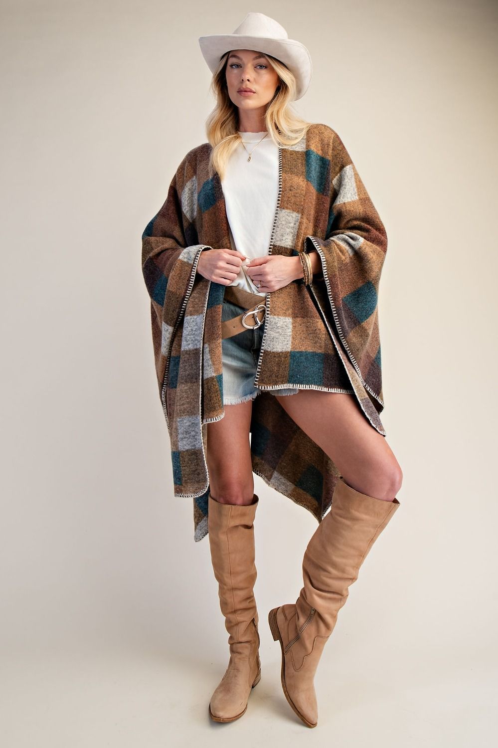 PLAID PATTERN BRUSHED HACCI OVERSIZED CAPE