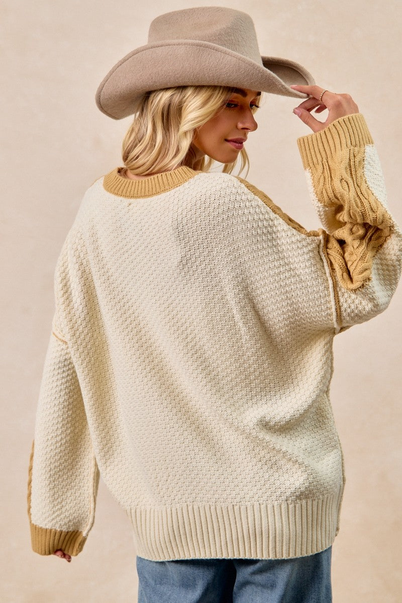 Cable Knit With Hacci Combo Top With Uneven Hem