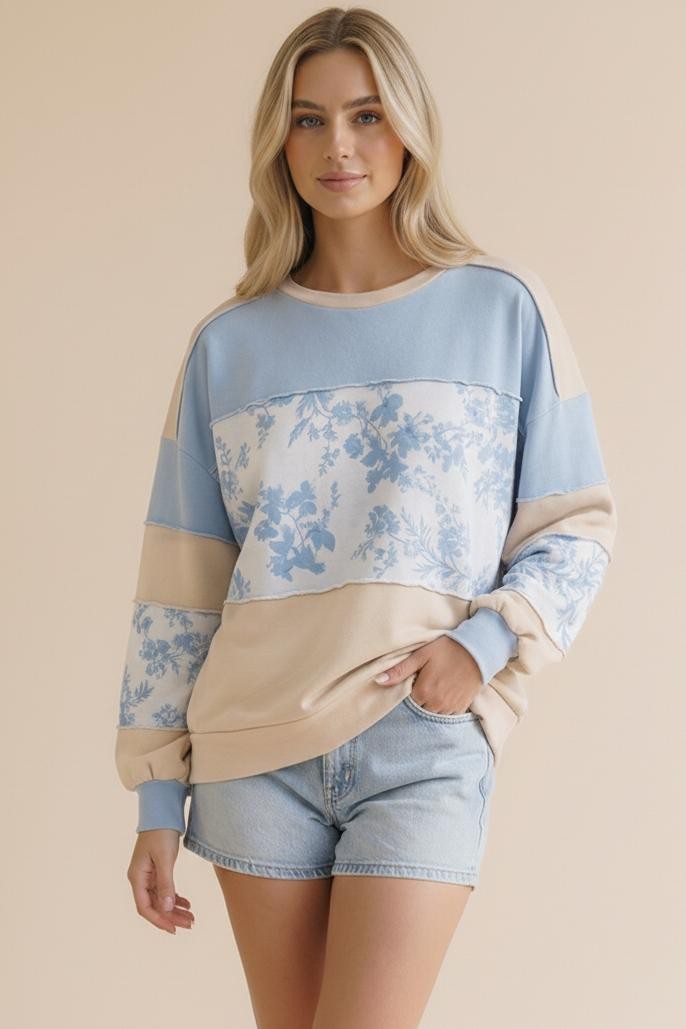 French Terry Floral Color Block Pullover Knit Top