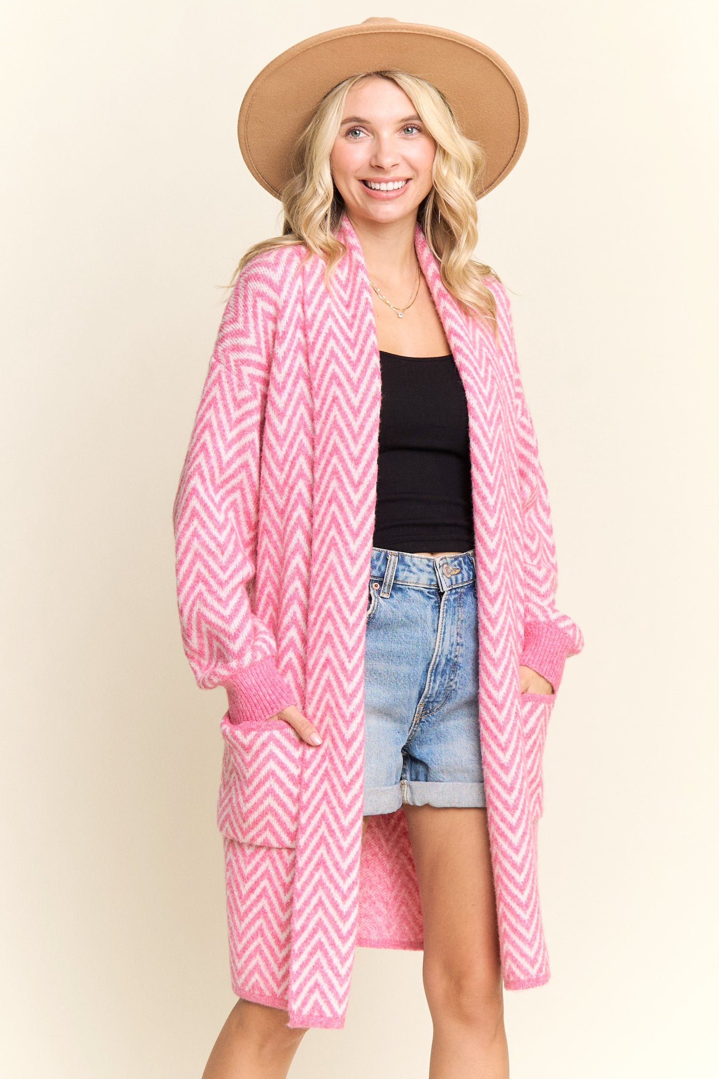 Chevron Sweater Cardigan With Pockets