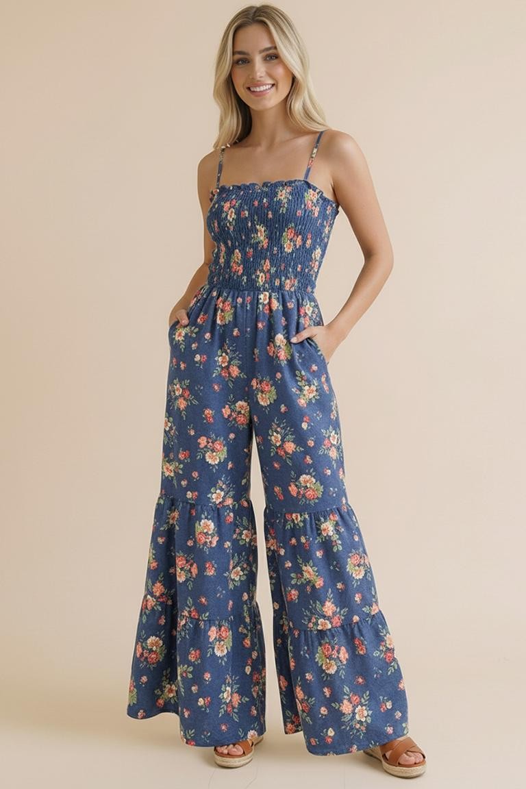 Strap Shoulder Smocking Floral Jumpsuit