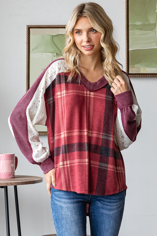 Plaid Lace Contrast V Neck Top