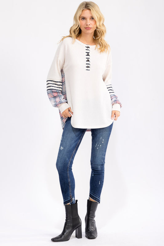 Waffle Knit Plaid And Stripe Accent Top