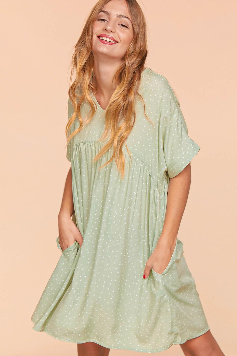 Small Dotted Print Woven Dress With Side Pockets