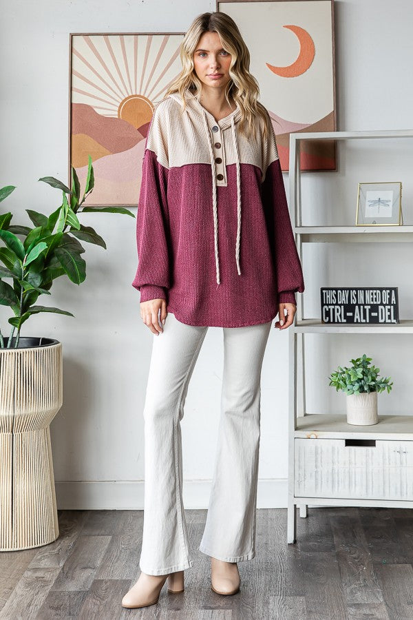 Ribbed Contrast Button Front Hoodie