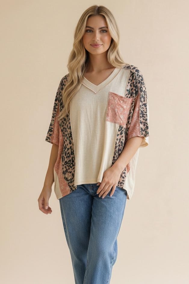Floral Leopard Color Block Dolman Knit Top