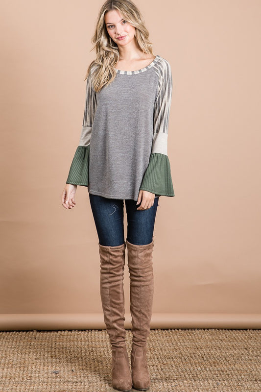 Sweater Knit Top With Double Rib Bell Cuff