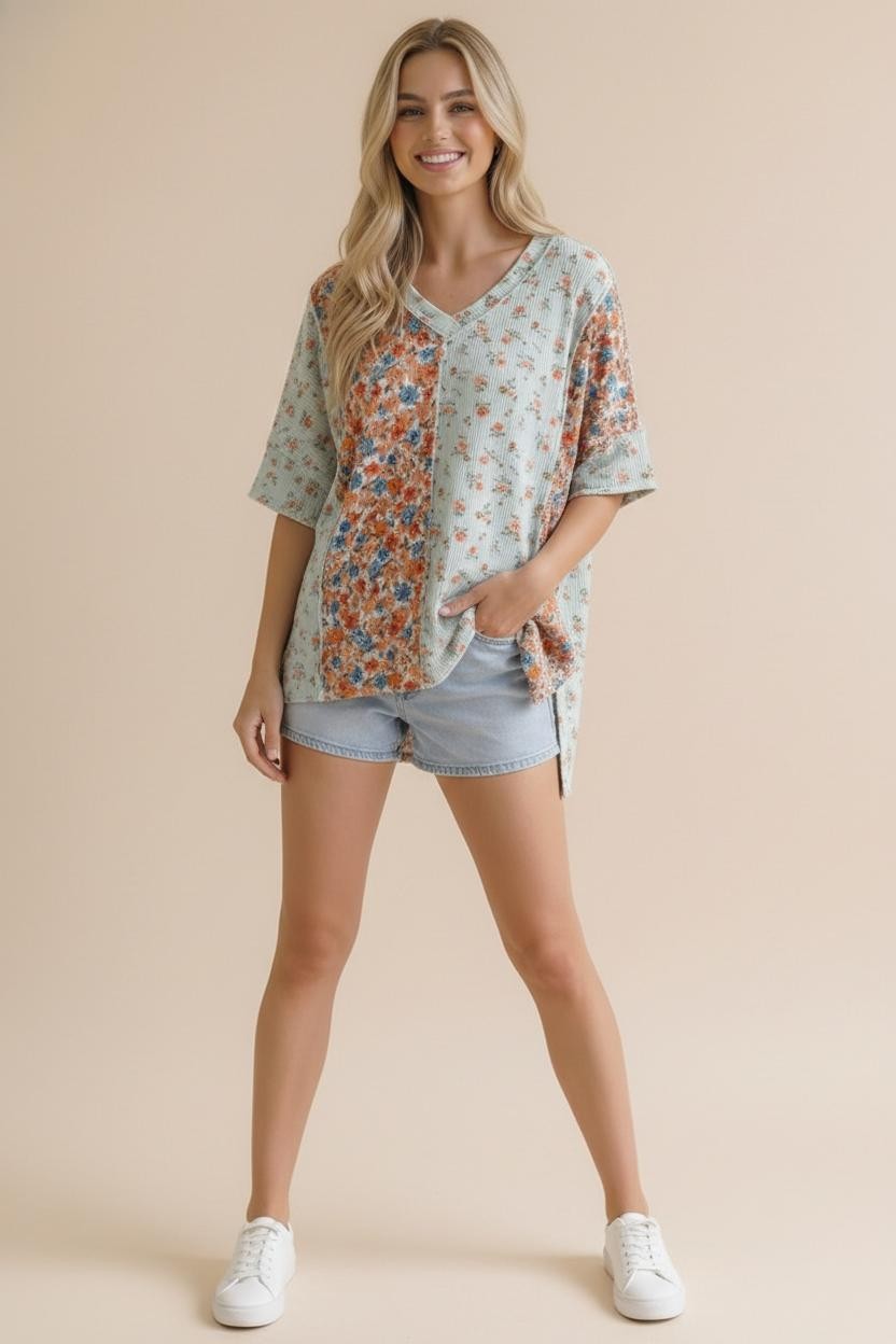 Floral Ribbed Reverse Stitch Knit Top