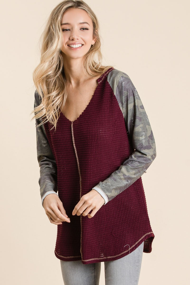 Popcorn Waffle Top With Contrast Stitching