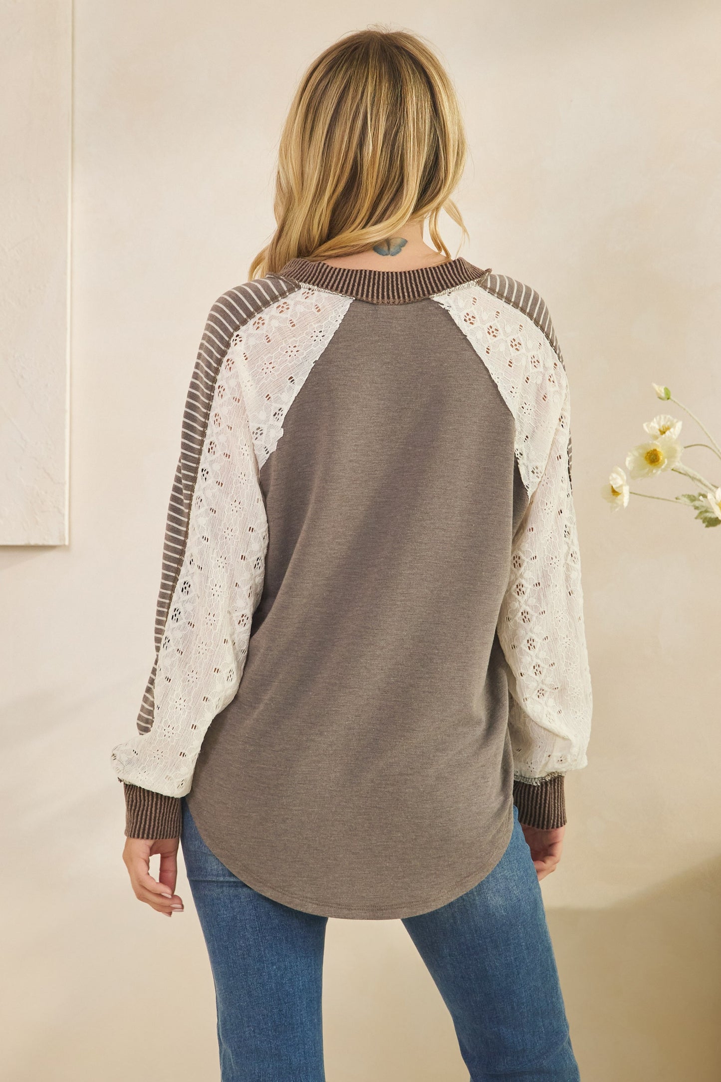 Multi Fabric Contrast Sleeve V Neck Top