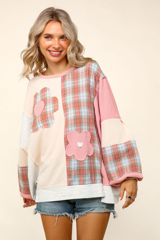 Plaid Woven Solid Textured Knit Pullover Top