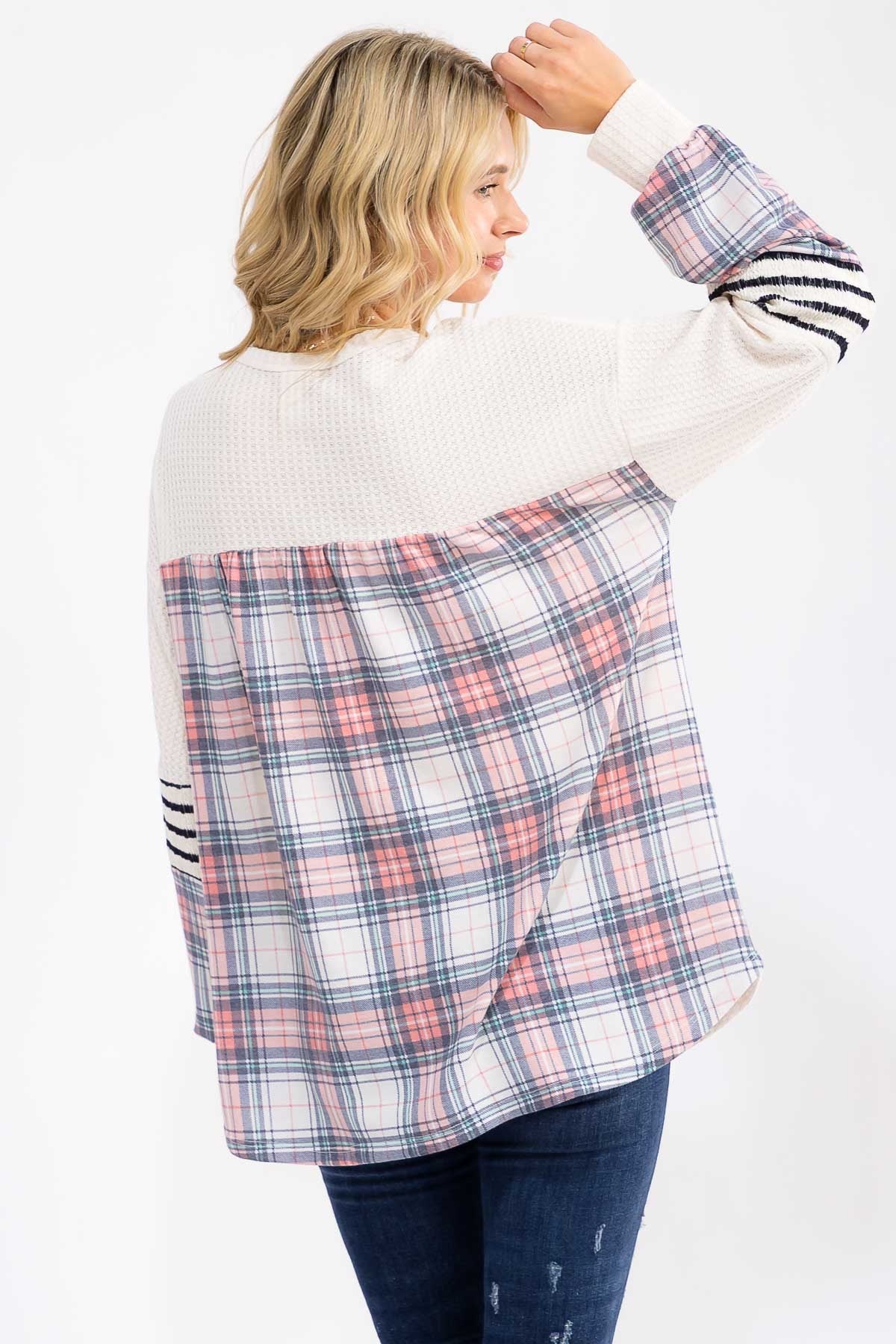 Waffle Knit Plaid And Stripe Accent Top