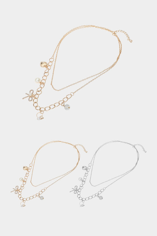 Bow Pearl Charm Double Layered Necklaces