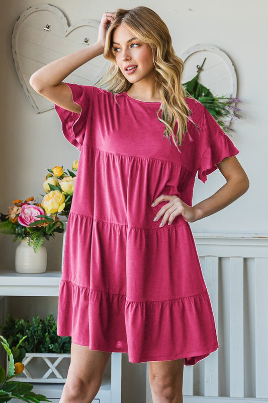 Dolman Sleeve Solid Bulgari Mini Tiered Dress