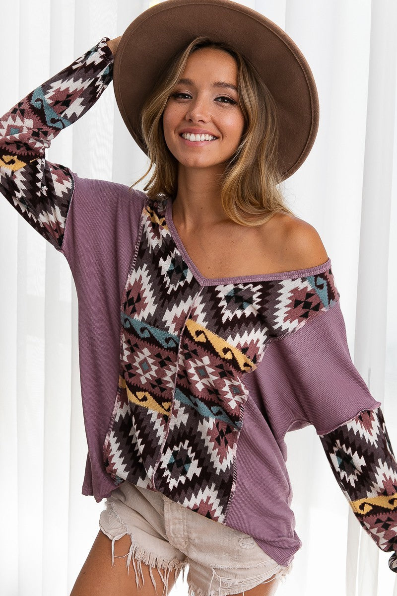 Aztec Print Mirr Color Block Lslv V Neck Top