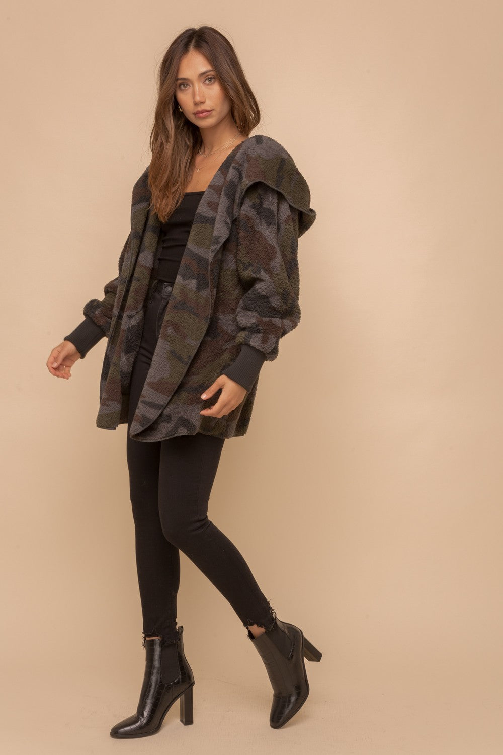 Camo Print Fur Open Jacket