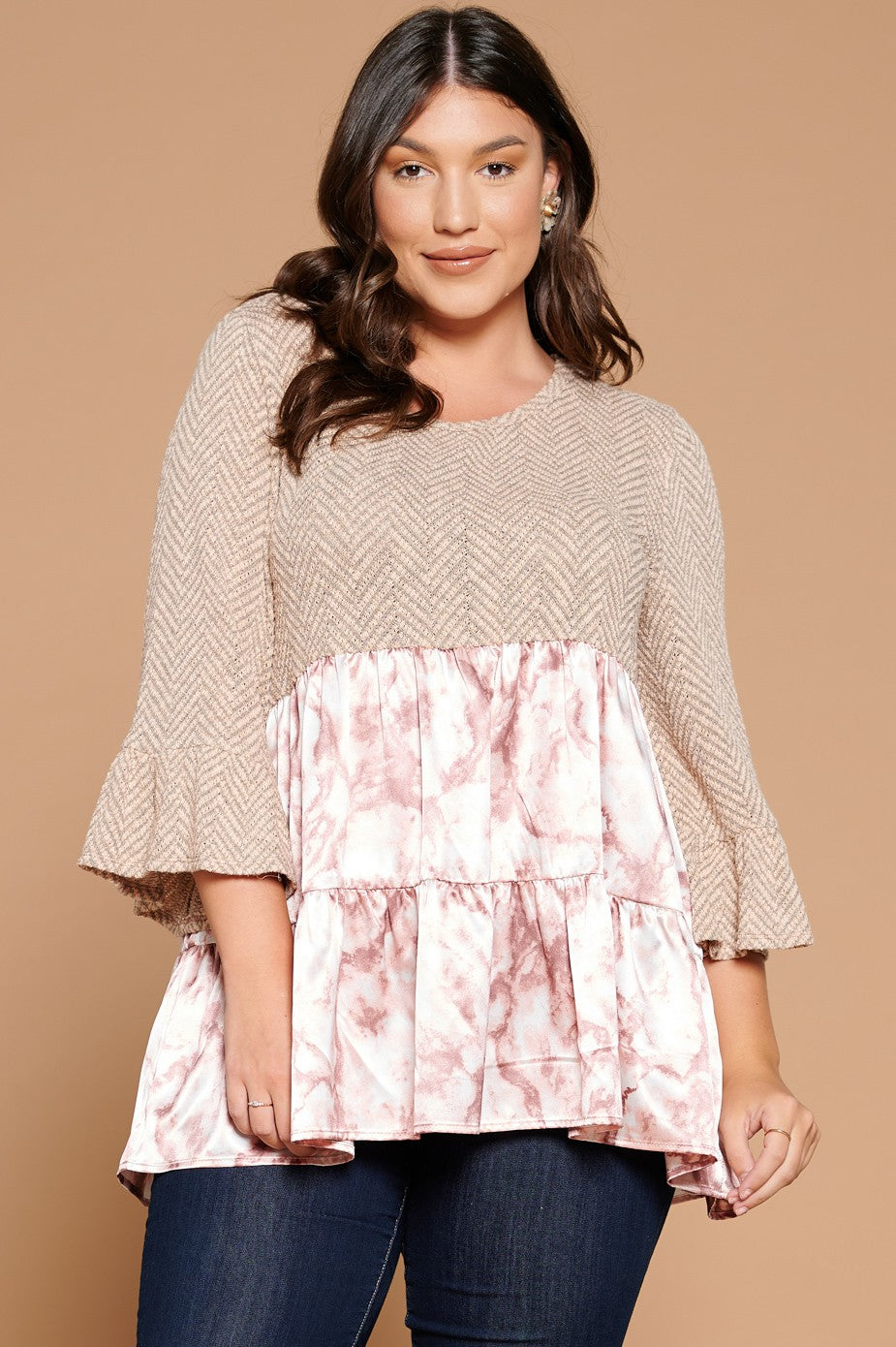 Contrast Herringbone Knit Babydoll Top