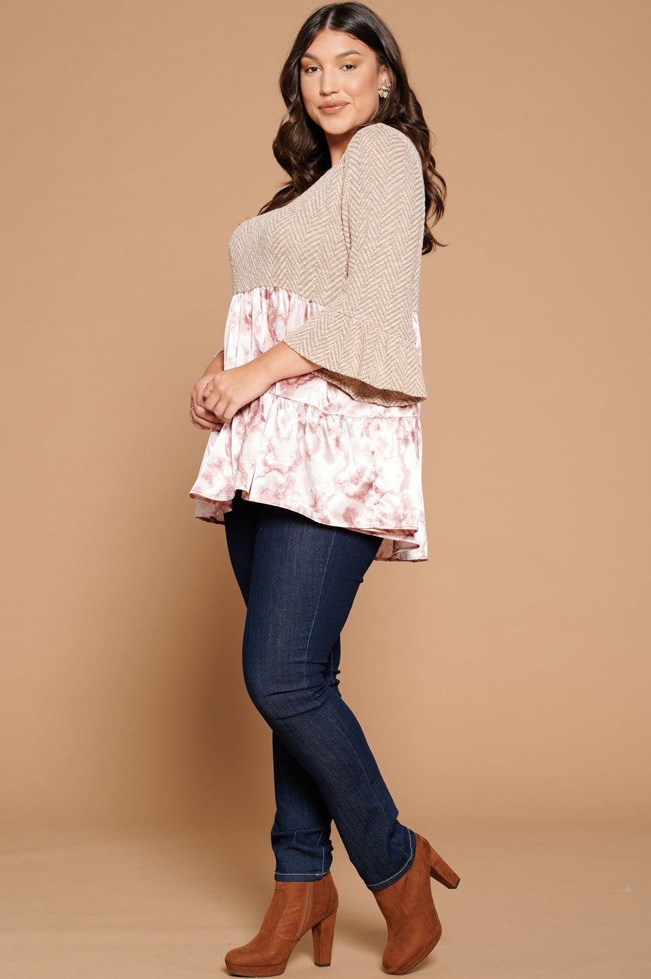 Contrast Herringbone Knit Babydoll Top