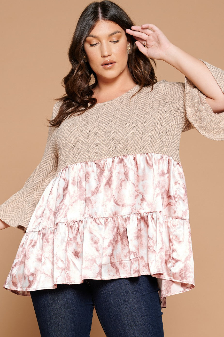 Contrast Herringbone Knit Babydoll Top