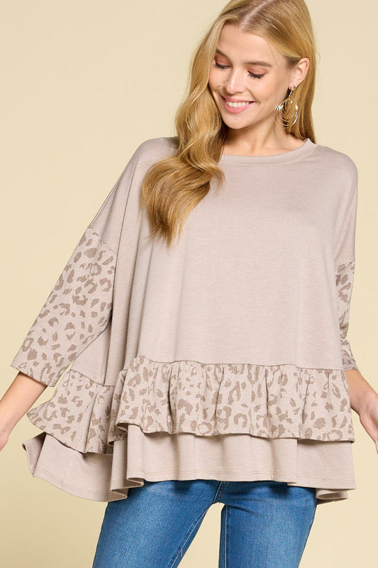 Animal Print Contrast Ruffle Hem Top