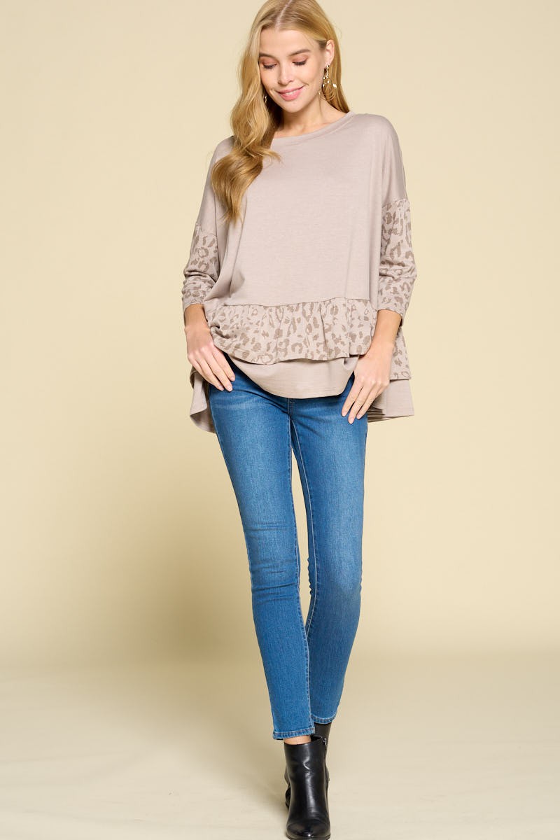 Animal Print Contrast Ruffle Hem Top