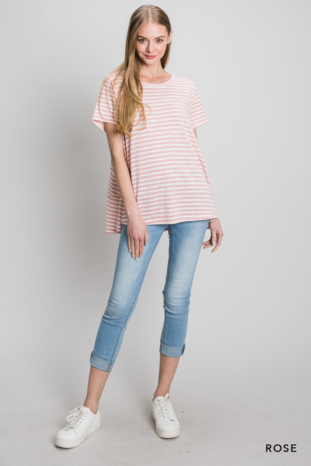 Striped Jersey Short Sleeve Top W/ Back Ruffle