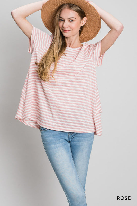 Striped Jersey Short Sleeve Top W/ Back Ruffle