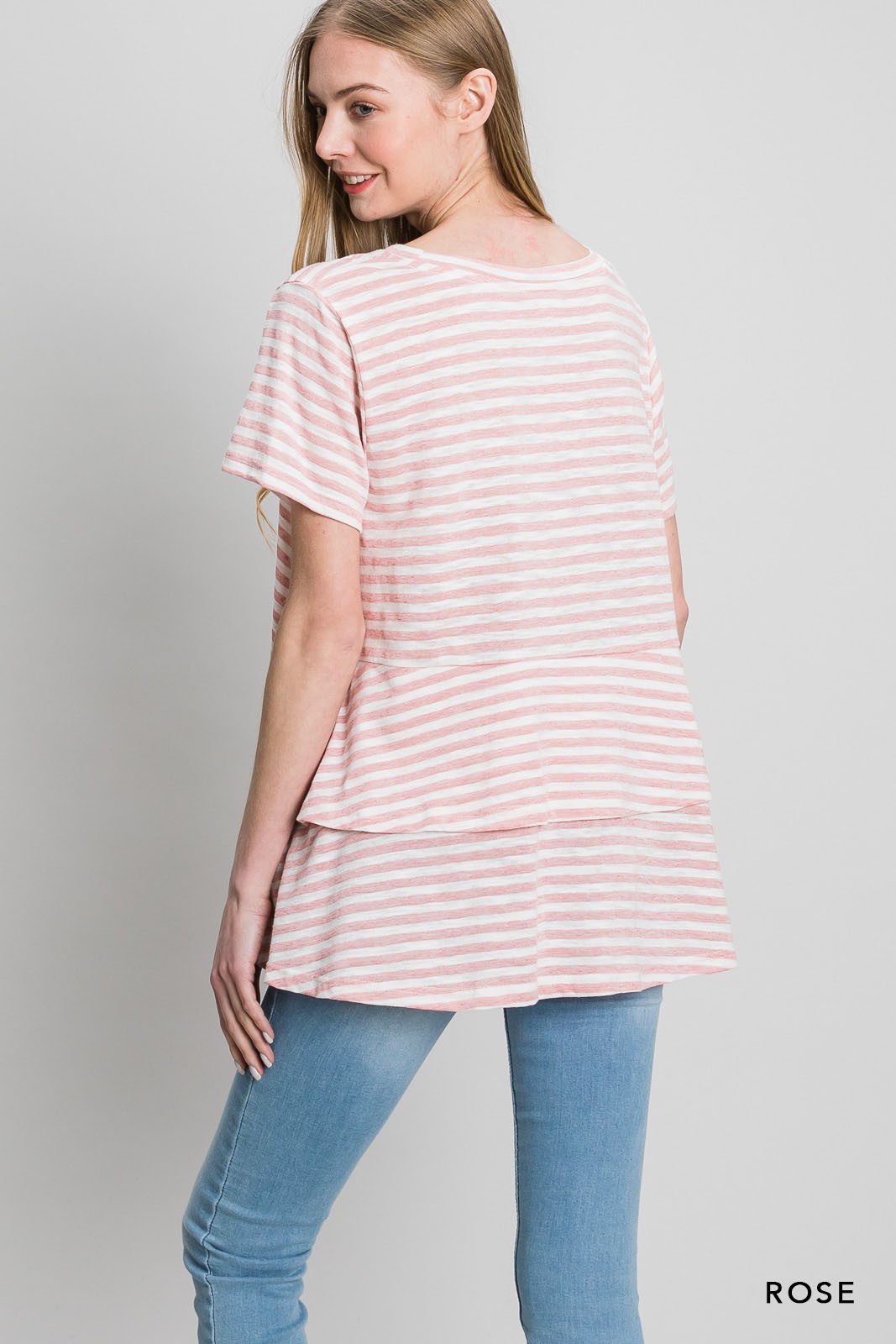 Striped Jersey Short Sleeve Top W/ Back Ruffle
