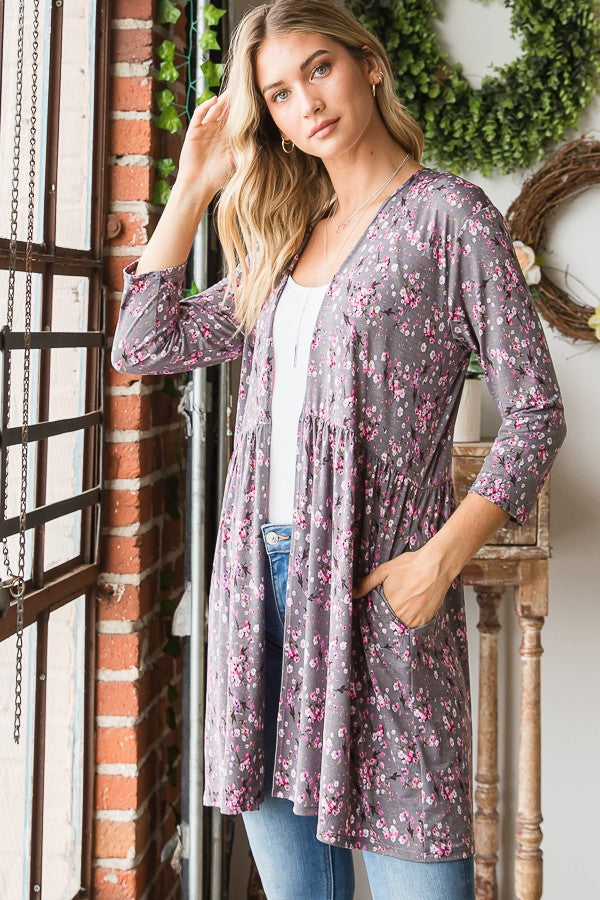 Floral Open Cardigan With Shirring