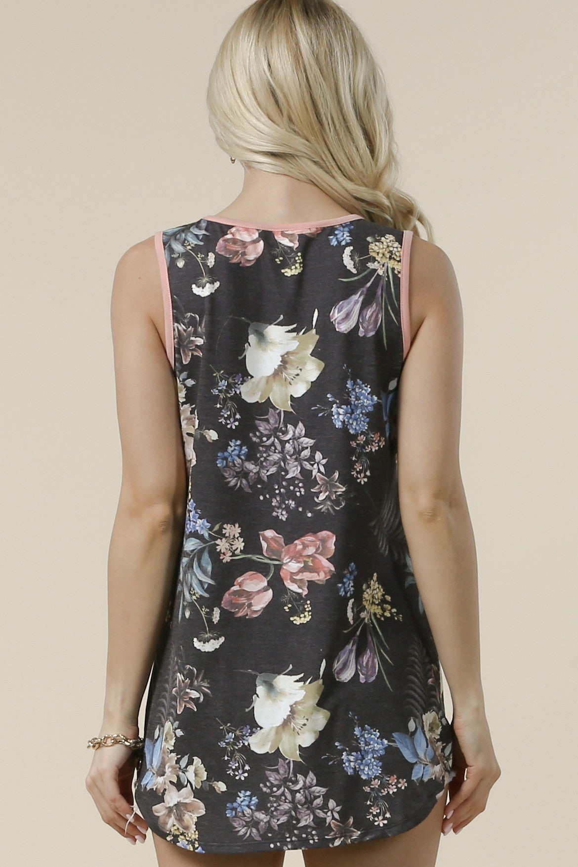 Floral Print Side Twist Color Block Top
