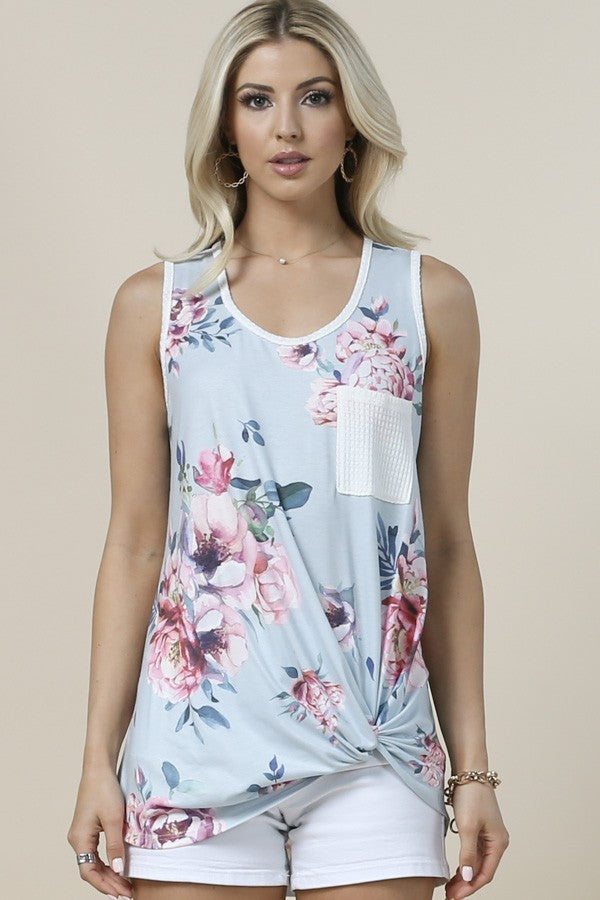 Floral Print Twisted Color Block Top