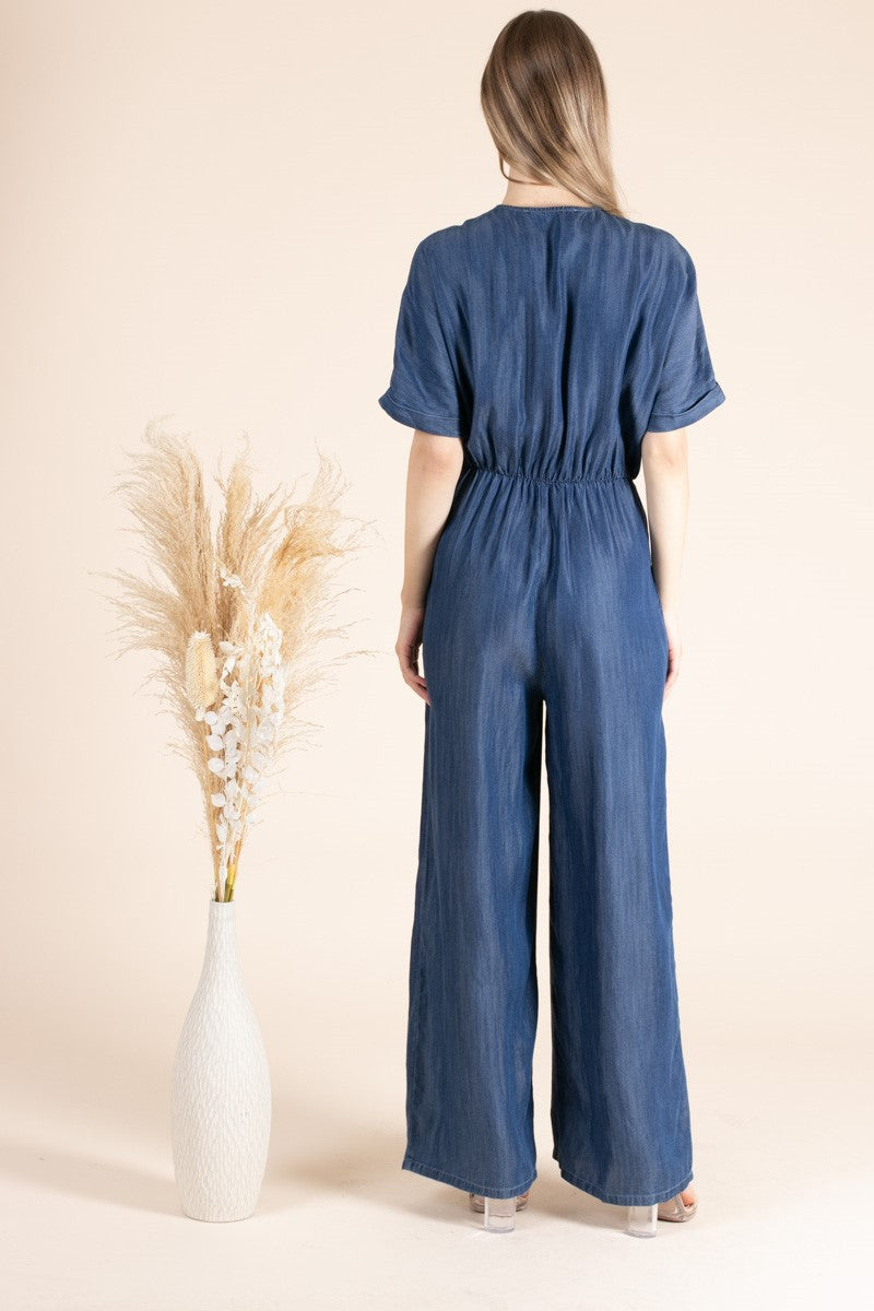 Denim Short Sleeve Front Knot Jumpsuit