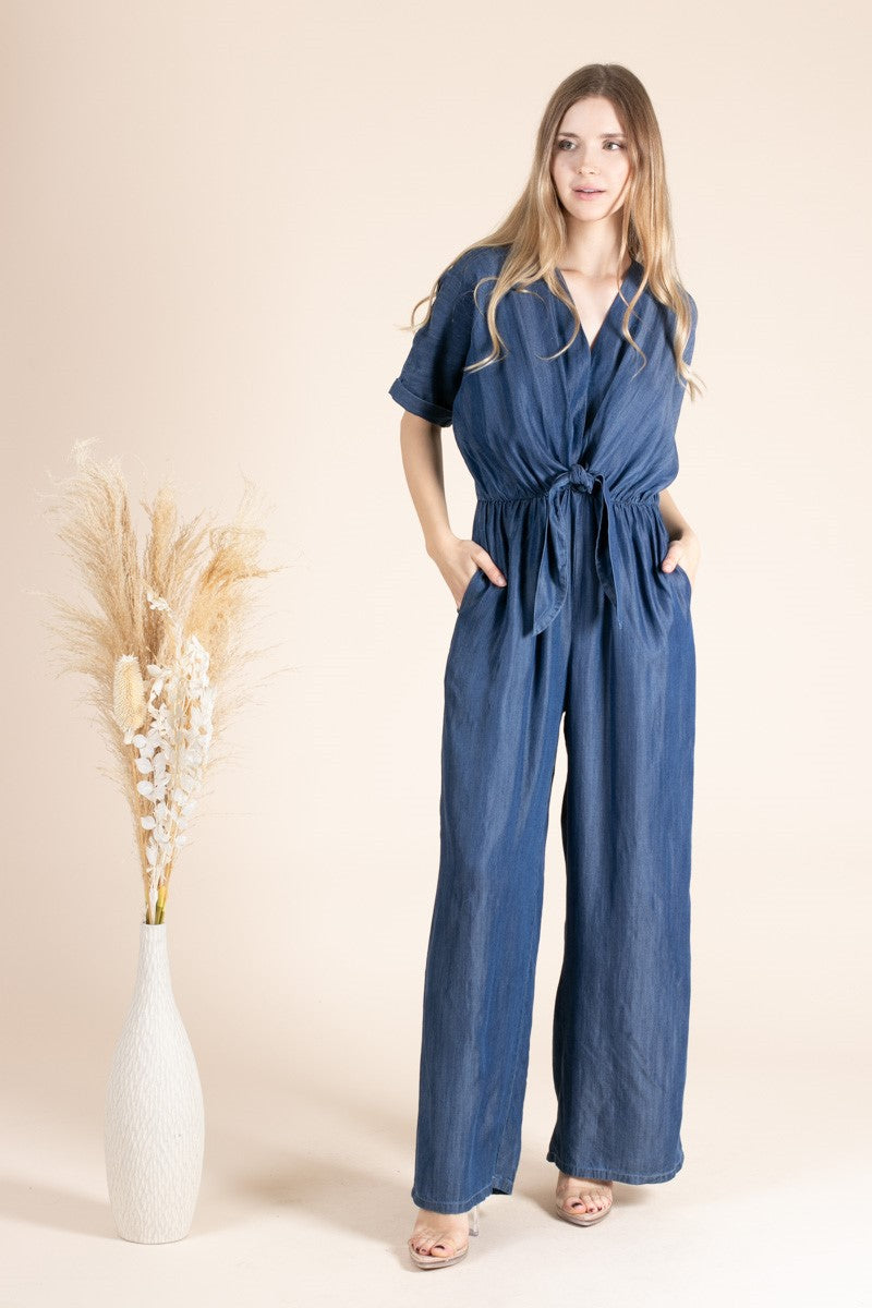 Denim Short Sleeve Front Knot Jumpsuit