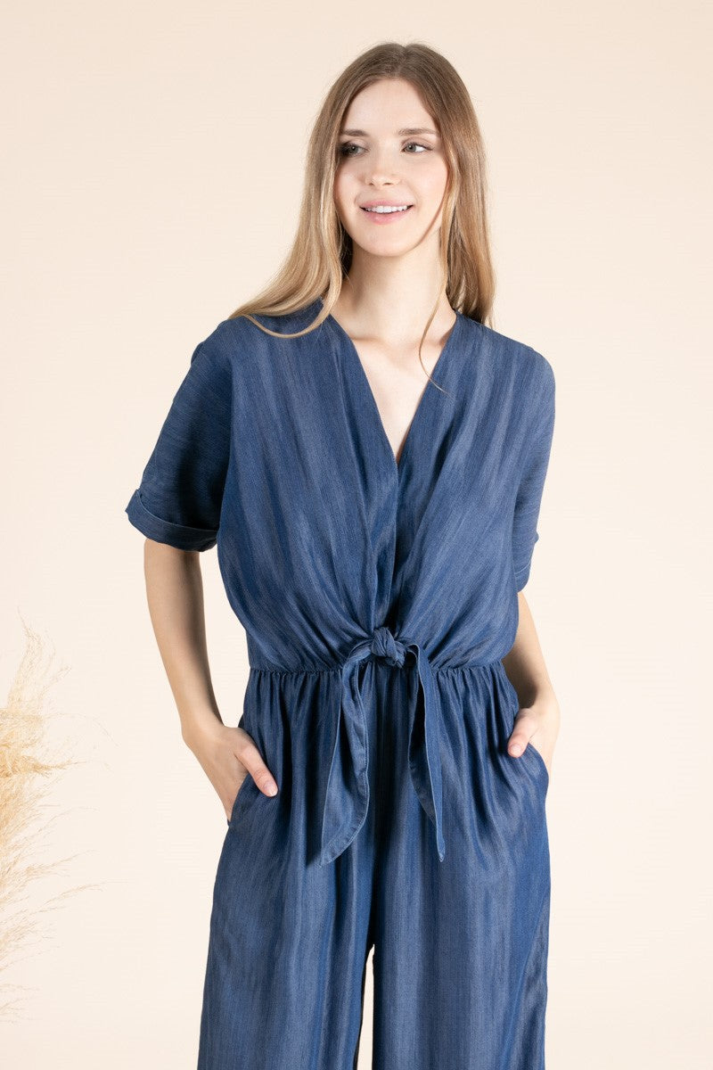 Denim Short Sleeve Front Knot Jumpsuit