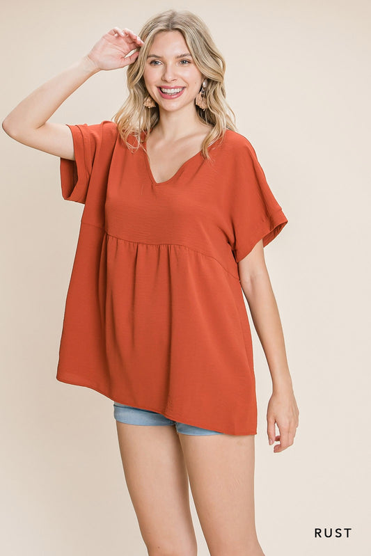 V Neck Short Sleeve Babydoll Top