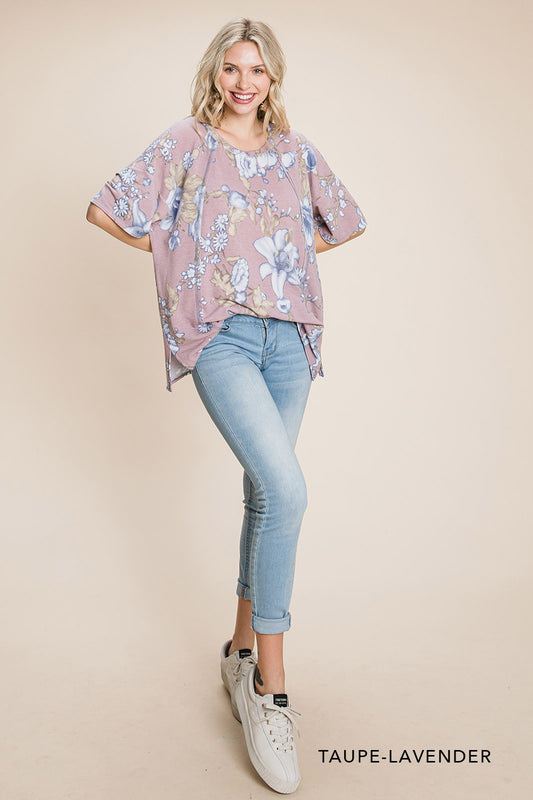 French Terry Print Front Detail Knit Top