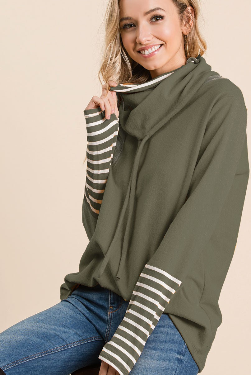 Brushed Double Cowl Neck Top With Stripe Cuffs
