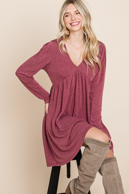 Plus Size Solid French Terry V Neck Swing Dress