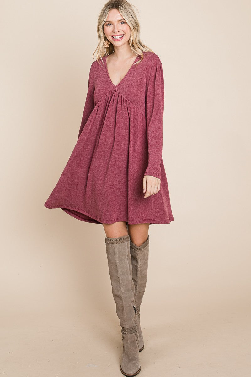 Plus Size Solid French Terry V Neck Swing Dress