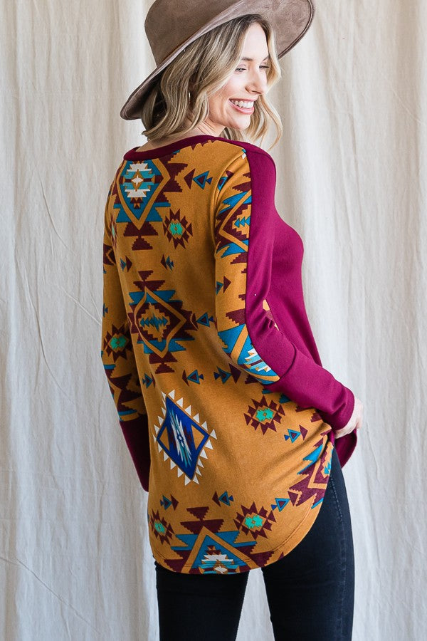 Aztec Print Contrast Pocket Top