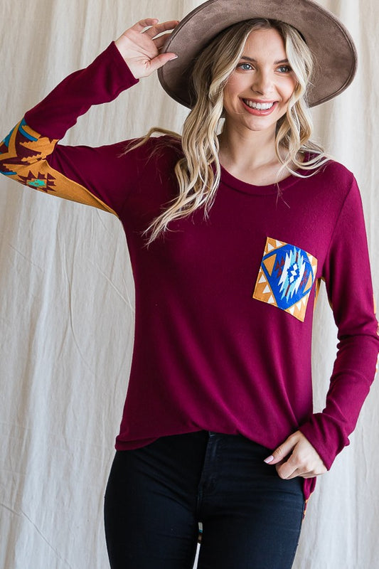 Aztec Print Contrast Pocket Top