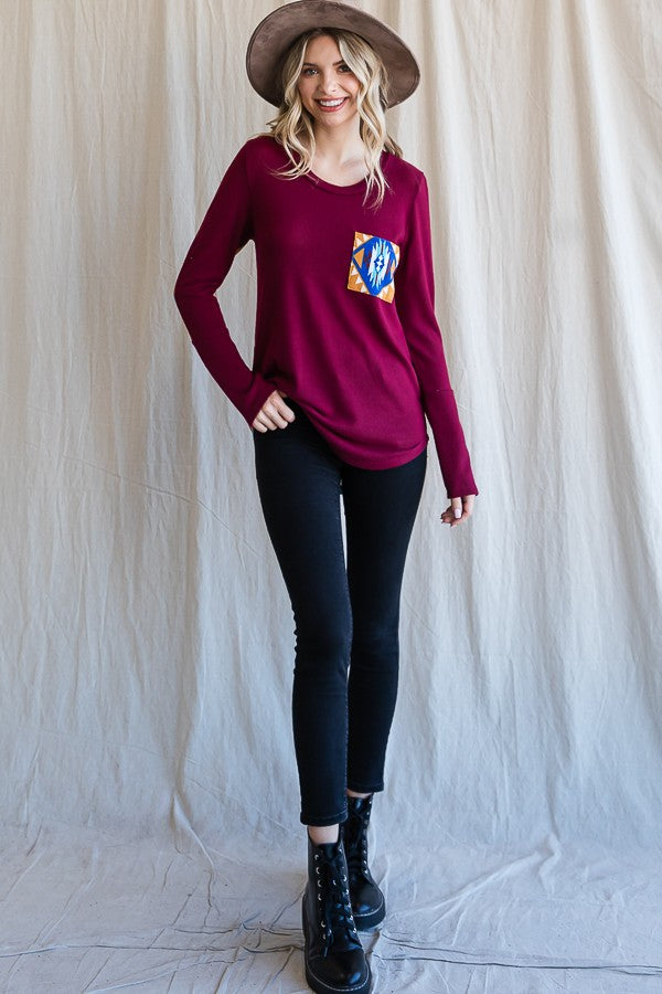 Aztec Print Contrast Pocket Top