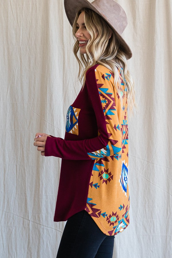 Aztec Print Contrast Pocket Top