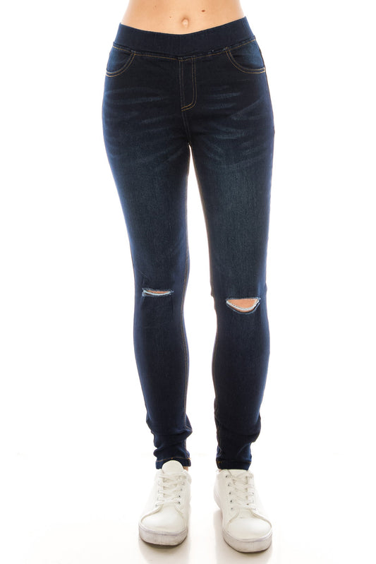 Slashed Pull On Denim Jegging