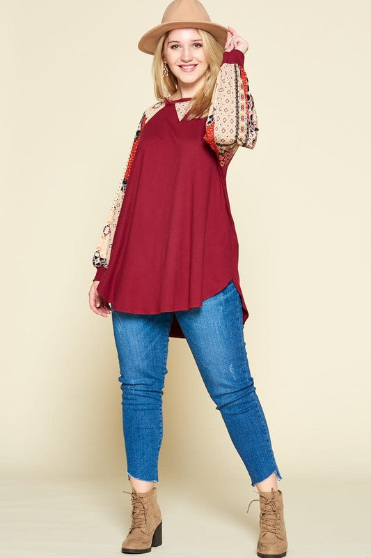 Plus Size Border Print Raglan Top