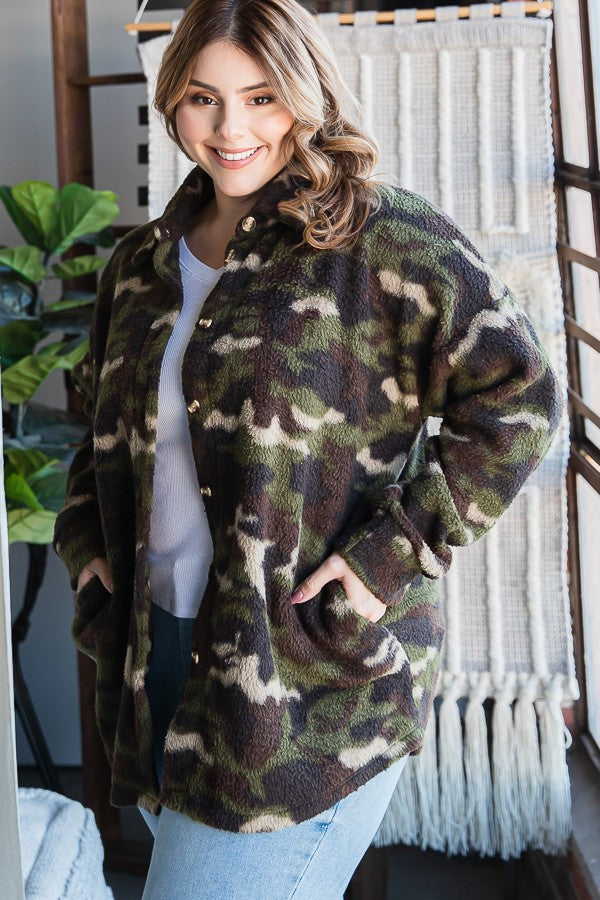 Plus Camo Print Button Down Top