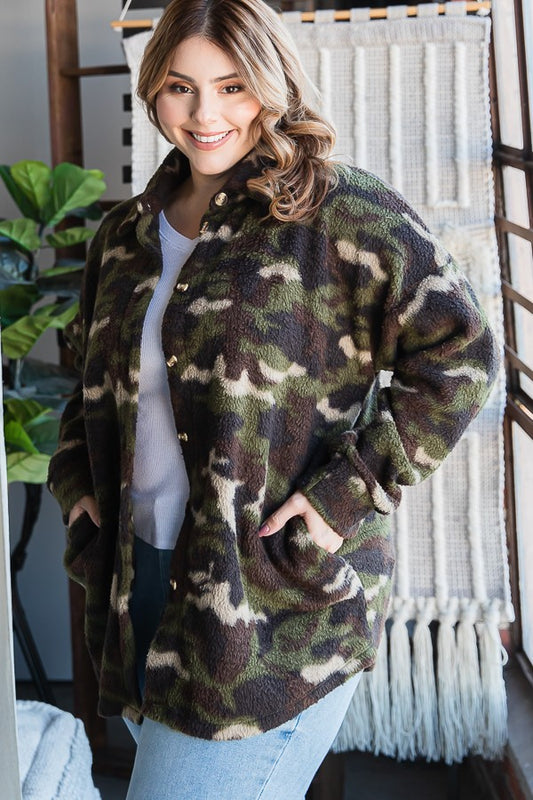Plus Camo Print Button Down Top