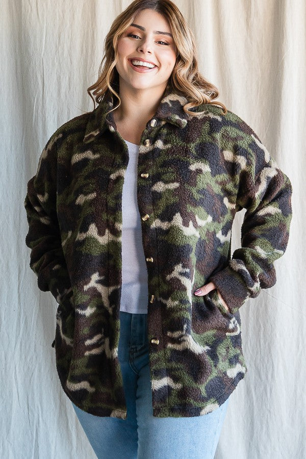 Plus Camo Print Button Down Top