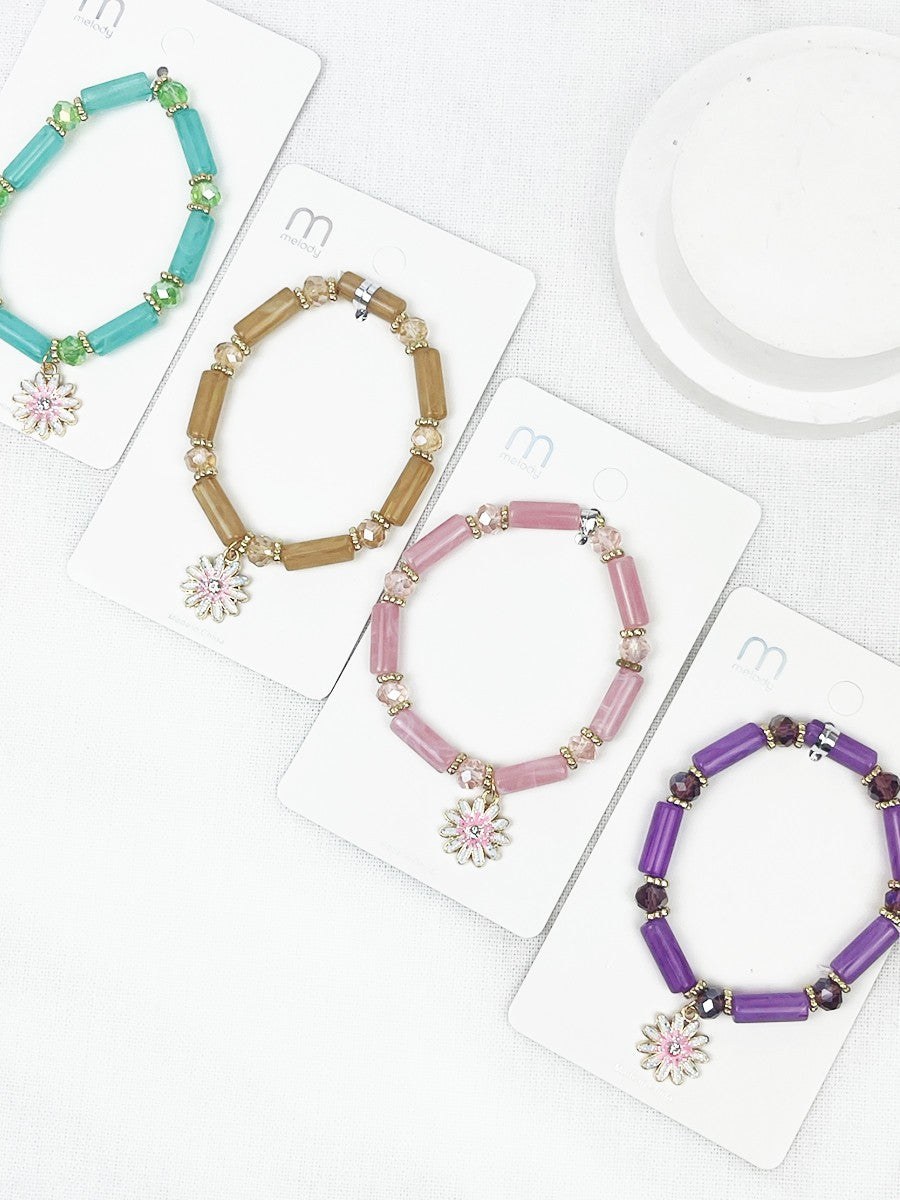 Tubula Bead Glass Bracelets With Flower Pendant